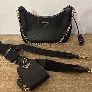 Prada Black Saffiano Leather Crescent Shoulder Bag with Gold Chain